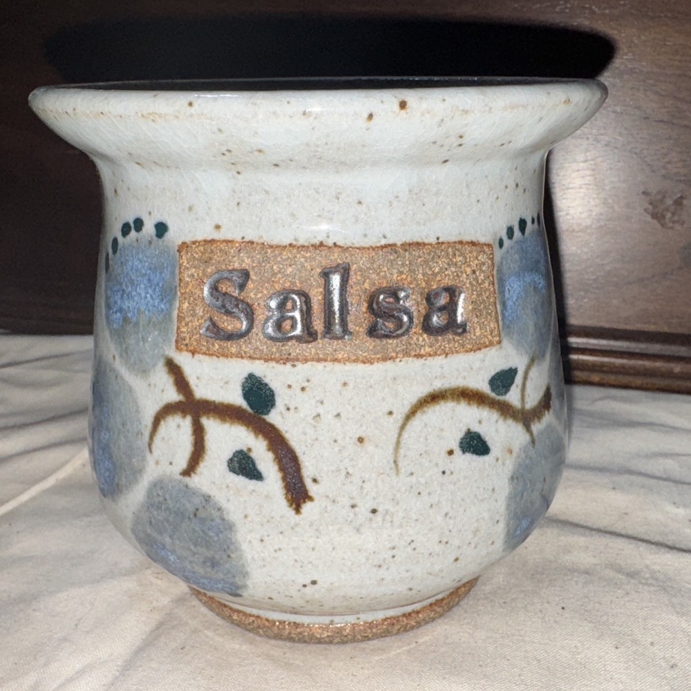 Hand Made Pottery Salsa Bowl signed Blue Gray‎ Brown 4.25" Tall x 4.50" Wide